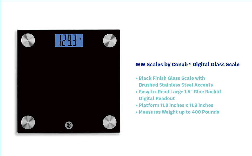 Black Glass Digital Scale weighs up to 400 lb. Easy-to-Read Large 1.5" Blue Backlit Digital Readout