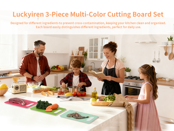 Family using Luckyiren 3-Piece Multi-Color Cutting Board Set to prevent cross-contamination