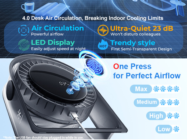 Smart USB fan delivers wide airflow, suit for office workers or home use during hot summer days