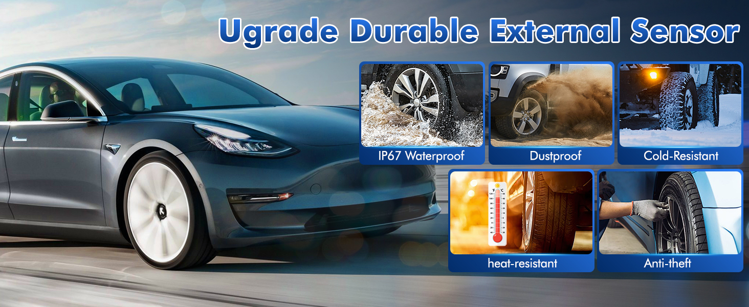 Car tire sensor product showcasing durability features: waterproof, dustproof, cold resistant, heat resistant, and anti-theft. Main image shows a sleek electric sedan.