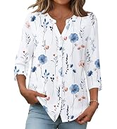 Zeagoo Button Down Shirts for Women 3/4 Sleeve Linen Cotton V Neck Tops Dressy Casual Loose Work ...