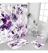 Litabel 4 Pcs Purple Watercolor Floral Shower Curtain Sets with Rug, Toilet Lid Cover and Bath Ma...