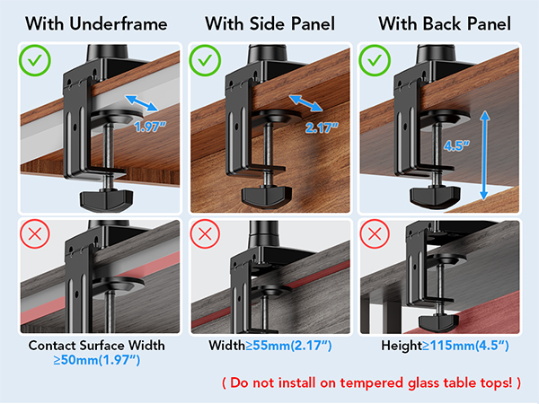 Text reads 'With Underframe, With Side Panel, With Back Panel'. Technical installation diagram showing mounting options for glass table tops with metal support frames. Contact surface width and height measurements indicated.