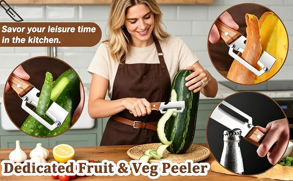 2 in 1 Multifunctional Vegetable Peeler with Wooden Handle and Bottle Opener Stainless Steel