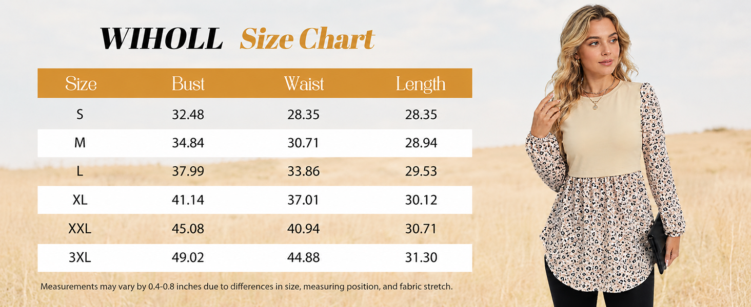 Womens Long Sleeve Tops Size Chart