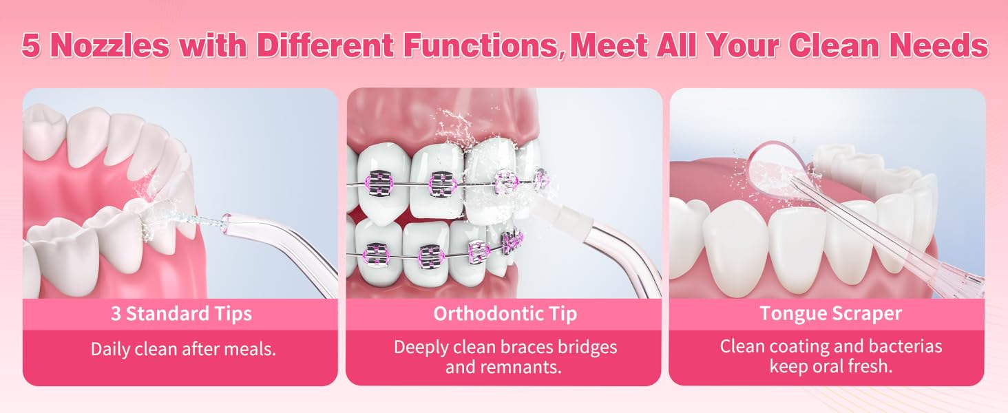 tovendor pink electric water flosser, 5 Nozzles with Different Functions