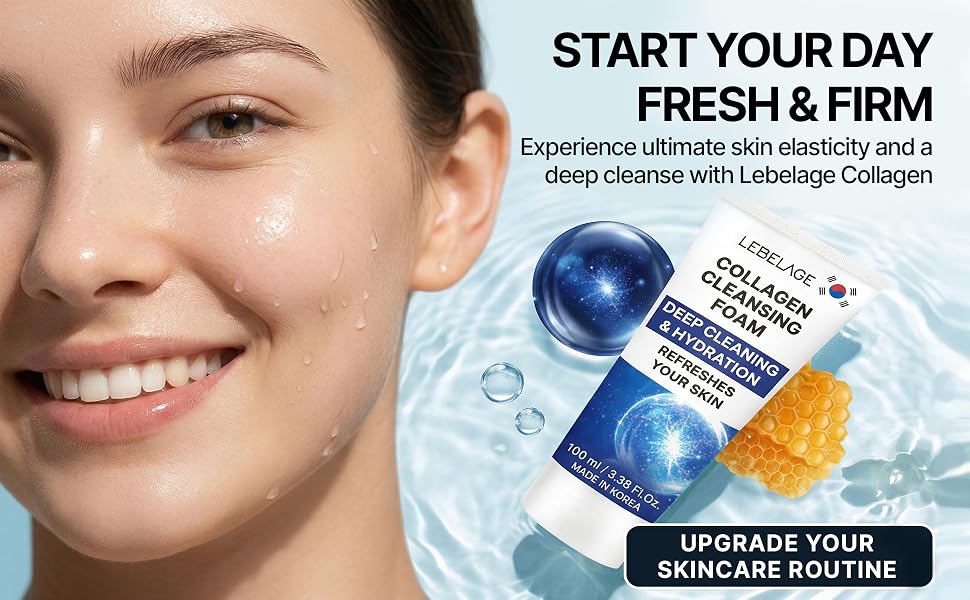 Woman with firm dewy skin beside hydrating Lebelage collagen cleansing foam and glowing molecules