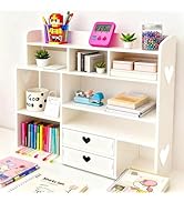 FRAWENLECO White Heart Drawer Bookshelf, Desktop Organizer with Shelves &amp; Heart-Shaped Drawer for...