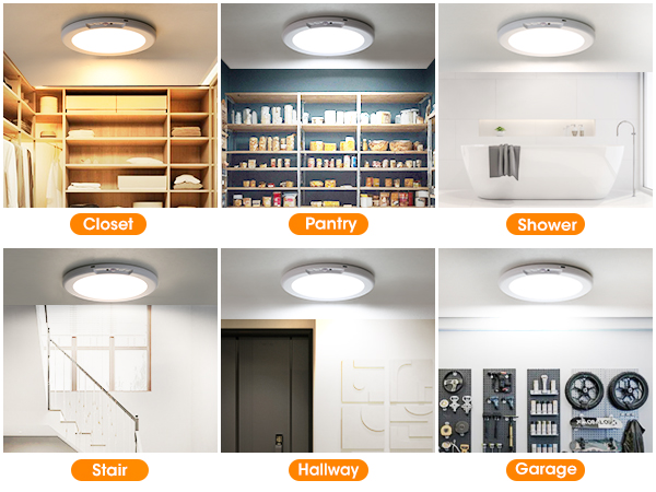 Six-panel image showing ceiling lights in different rooms: closet, pantry, shower, stair, hallway, and garage. Each panel labeled in English.