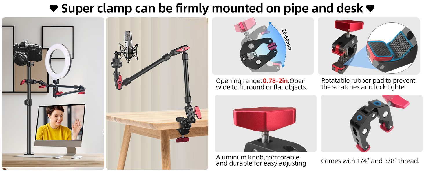 Hemmotop 22in Magic Arm with Clamp, Long Articulating Arm Camera Mount, Adjustable Phone Mount