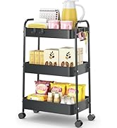 TOOLF 3 Tier Rolling Storage Cart, Metal Utility Cart with Hooks Trolley on Wheels Storage Organi...