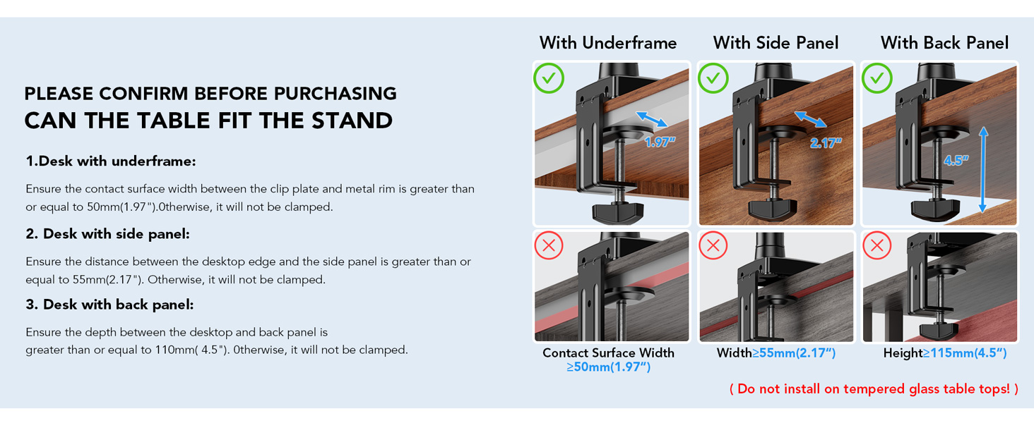 Text reads 'CAN THE TABLE FIT THE STAND'. Instructional diagram showing steps for assembling or mounting a table stand with multiple angles.