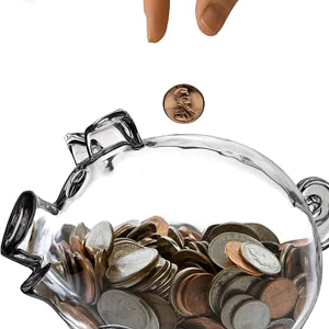 a hand reaching for a coin in a glass jar.