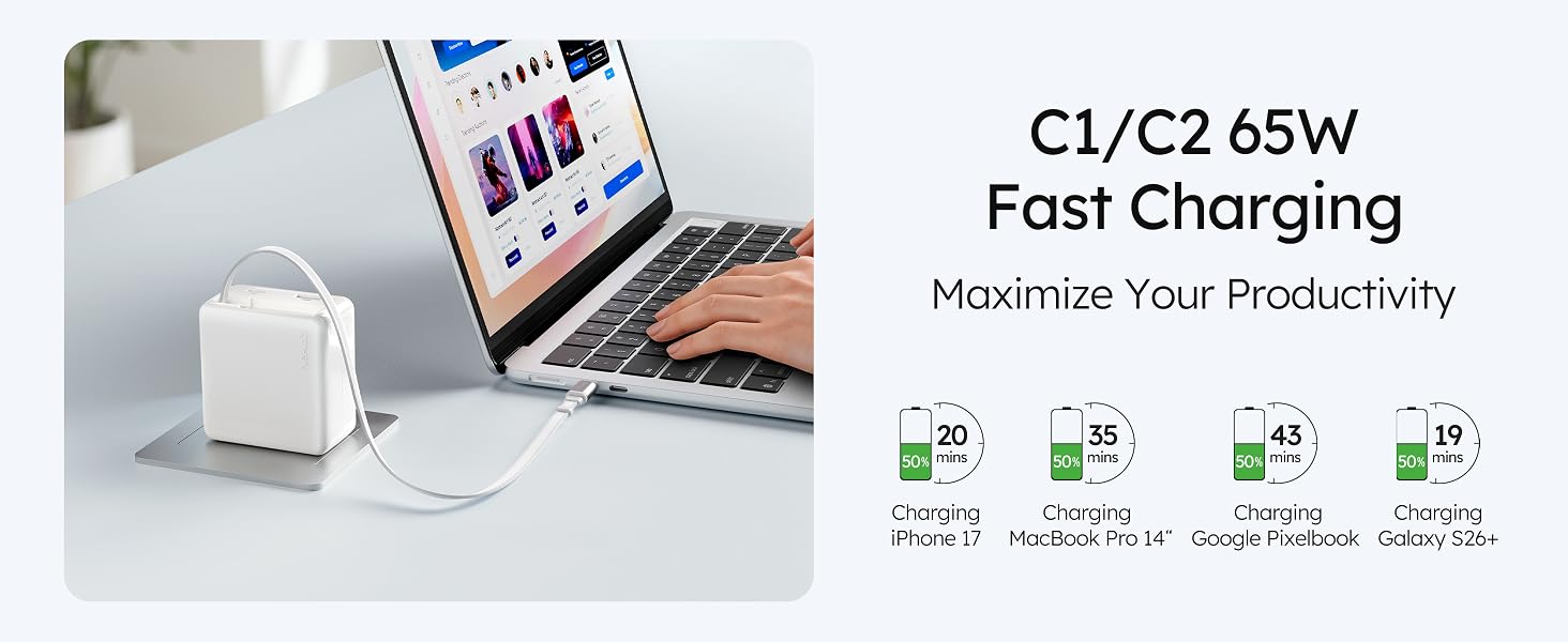 65W Retractable USB C Charger Block