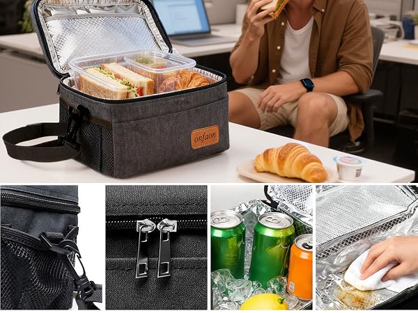 ONFAON insulated lunch bag with durable zippers, detachable strap, easy to clean liner