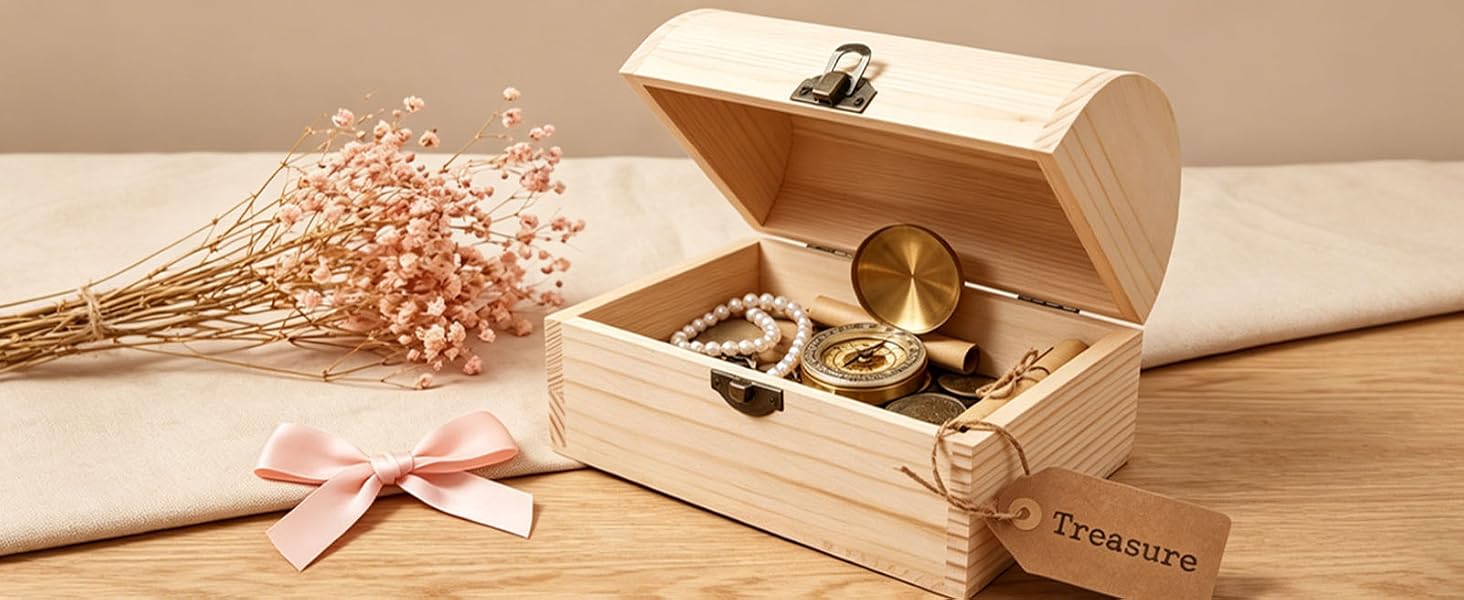 Wooden Treasure Chest Box with Hinged Lid &amp;amp;amp; Vintage Clasp, Unfinished Pine Wood Storage Box