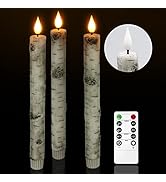 PChero Flameless Taper Candles with Remote Timer, Pack of 3 Birch Bark Real Wax Battery Operated ...