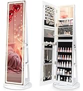 CHARMAID 360° Rotating Jewelry Armoire with LED Lighted Full Length Mirror & Built-in Vanity Mirr...