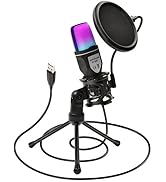 USB Microphone, Computer Comdenser Gaming Mic with RGB Light Adjusable Tripod Stand and Pop Filte...