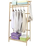 Ufine Bamboo Clothes Hanging Rack with 2 Tier Storage Shelves and 2 Coat Hooks Portable Laundry R...