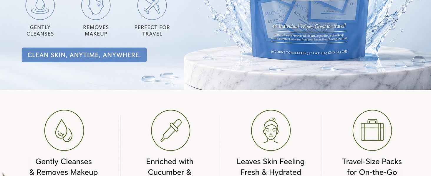 Pink Sky vitamin C makeup remover wipes, brightening facial cleansing towelettes, 40 pack travel