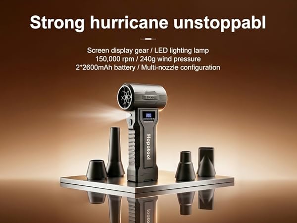 Text reads 'Strong hurricane unstoppable'. Compact black electronic device with multiple cylindrical attachments displayed on warm amber-lit background.