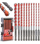 10-Piece Masonry Drill Bit Set, 6-Inch Carbide Tipped Concrete Drill Bits with Hex Shank for Bric...