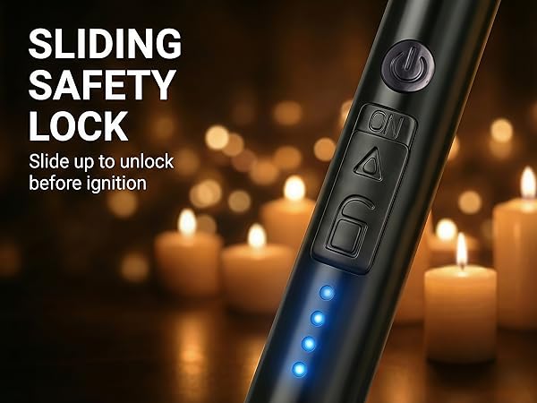 Detail view of candle lighter handle showing the sliding safety switch