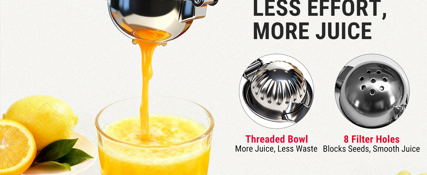 citrus press with threaded bowl and 8 filter holes less effort and more juice