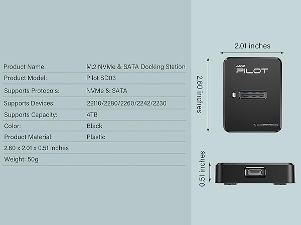 Compact and portable M.2 adapter size 2.60 x 2.01 x 0.51 inches for office and business travel.