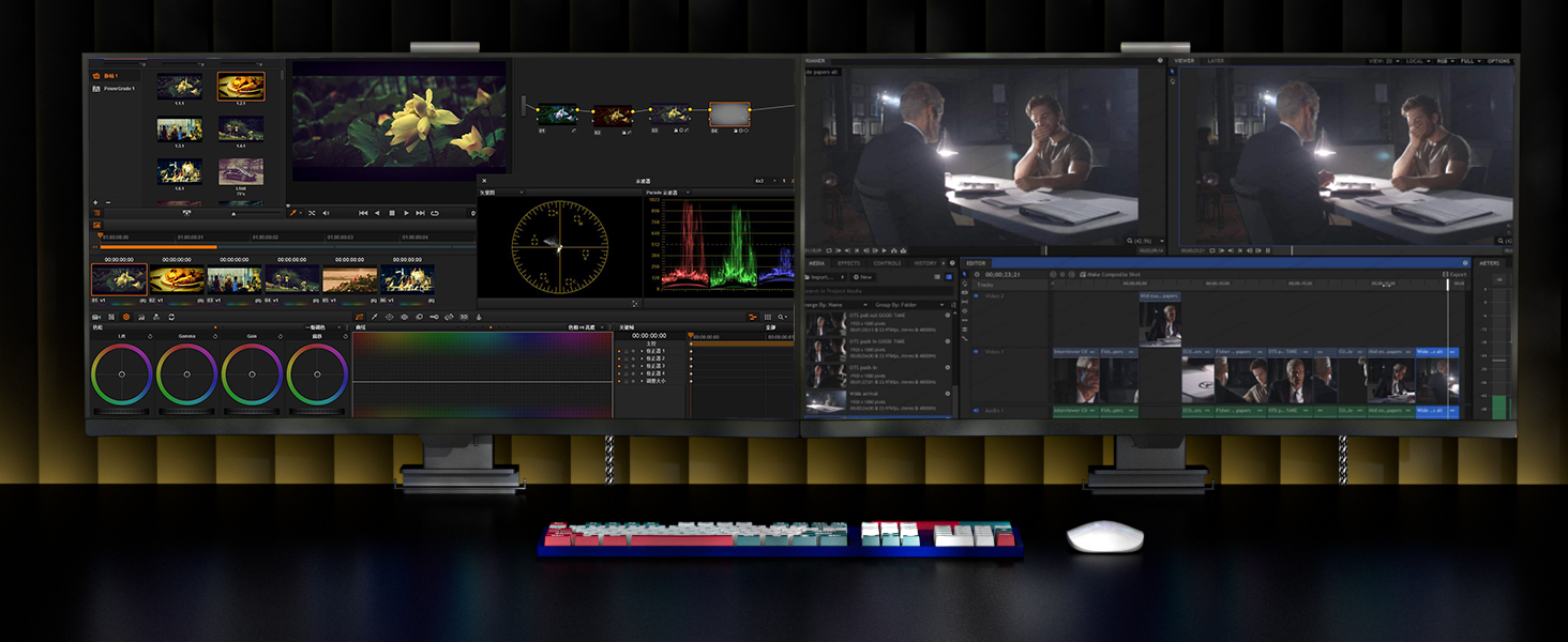 Multiple computer monitors displaying video editing software interface with timelines, color correction tools, and video preview windows.