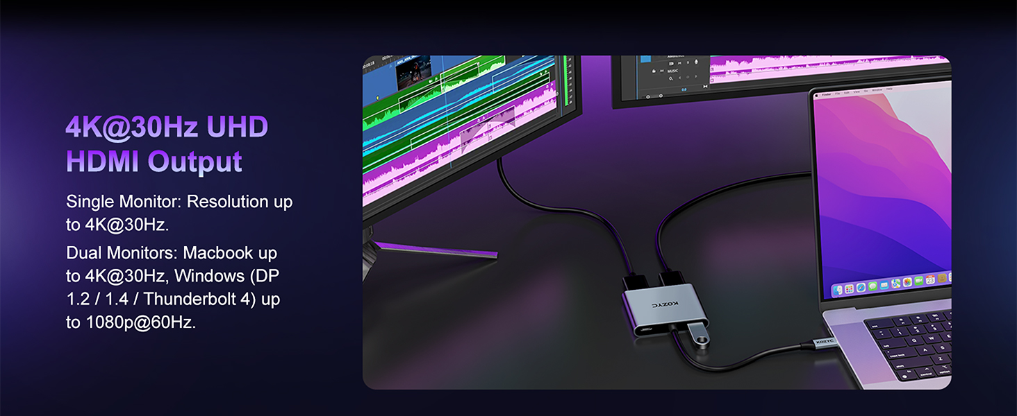 Docking station with 4K@30Hz UHD HDMI output, supporting single monitor resolution up to 4K@30Hz and dual monitors. Connected to a laptop displaying colorful interface.