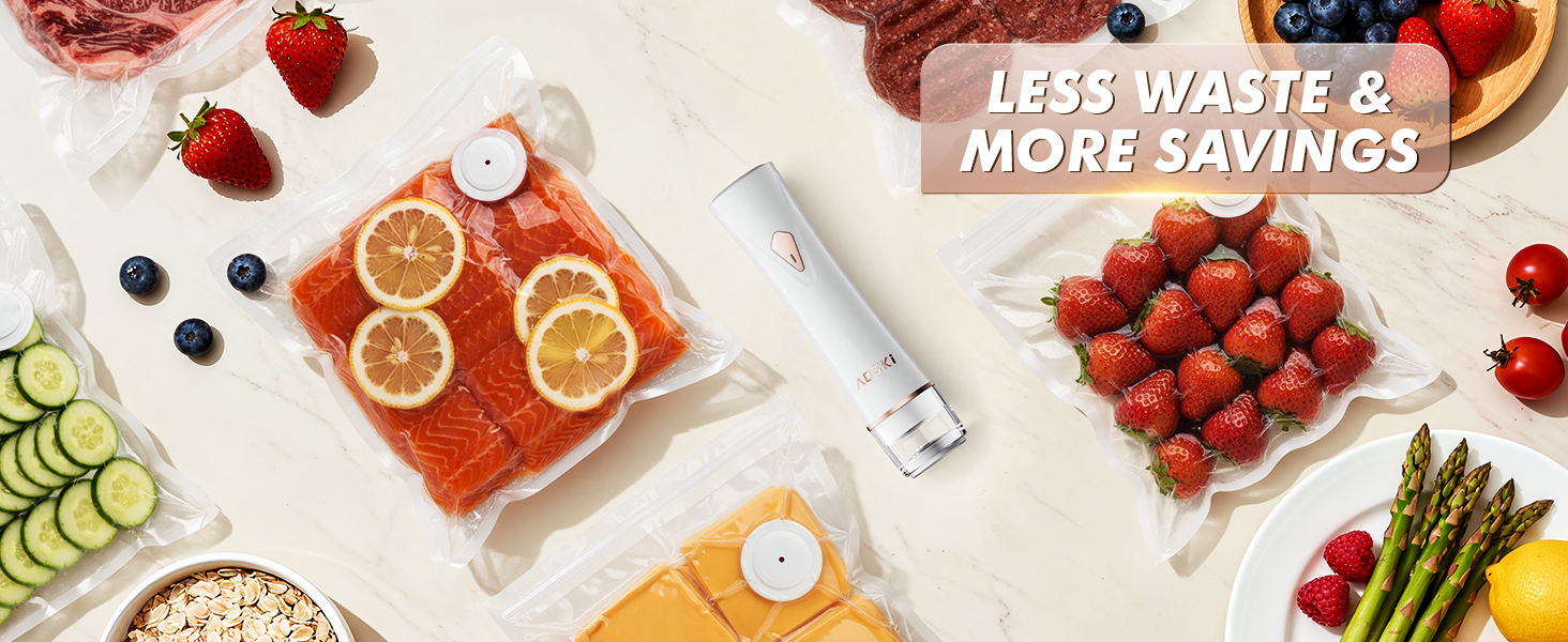 Vacuum sealed salmon, strawberries, and vegetables with handheld sealer for freshness and savings.