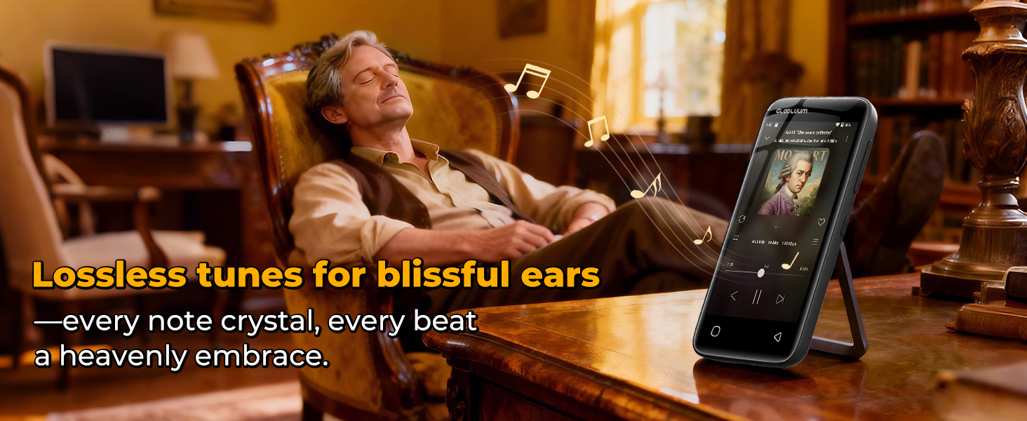 Man relaxing in a chair while an MP3 player plays high-quality classical music nearby.