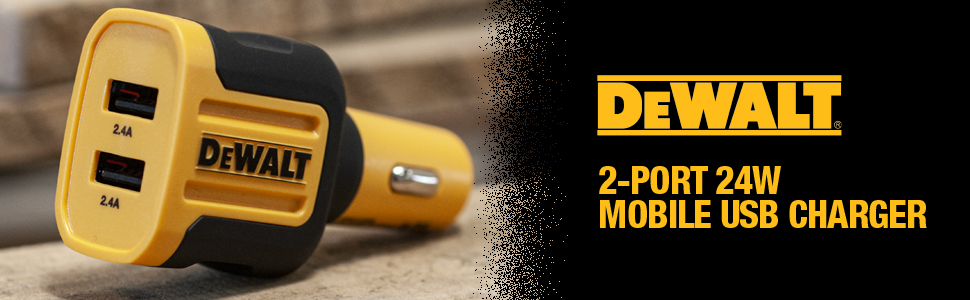 DEWALT 2-Port USB Car Charger, 24W, black and yellow