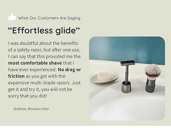 Safety razor set featuring a metallic handle with brush and stand. Product testimonial displays highlighting comfortable shaving experience.