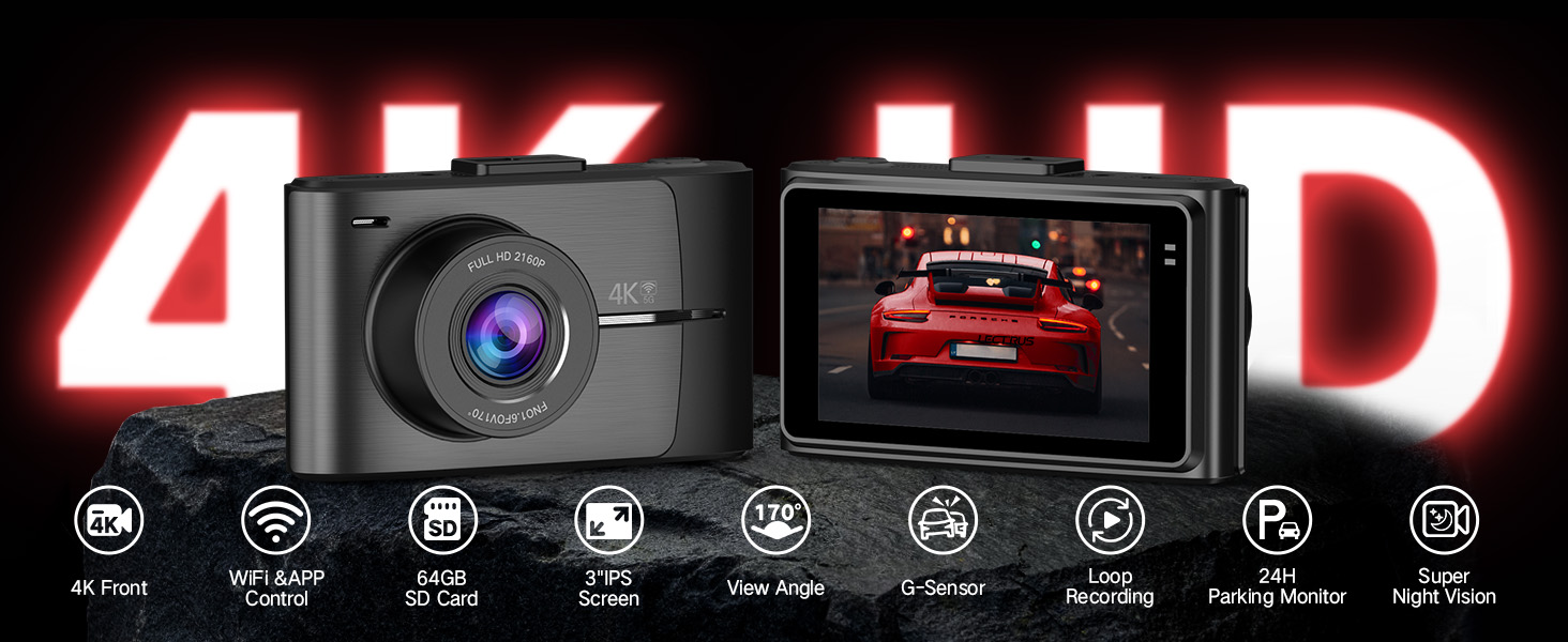 LECTRUS Dash Cam Front and Rear 4K + 2.5K, Dual Dash Camera for Cars with Night Vision