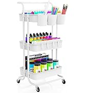 LEHOM 3-Tier Rolling Utility Cart with Hanging Cups &amp; Hooks &amp; Handle, Multifunctional Art Cart Or...