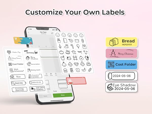 App interface for customizing labels, showing icon selection, text input fields, and sample labels. Examples include 'Bread', 'Cost Folder', and date labels with QR codes.