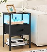 Yoobure Side Table with Storage, LED Night Stand with Charging Station, End Tables Living Room, N...