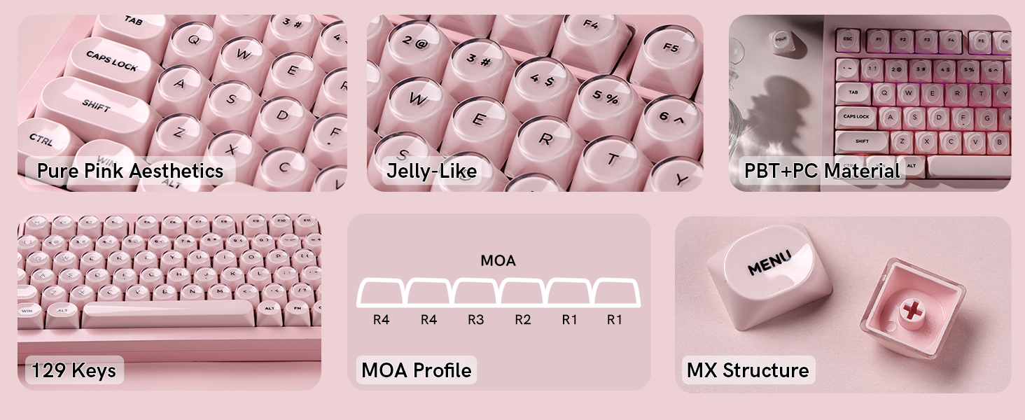 pure pink aesthetics, jelly-like transparent top, PBT+PC material, 129-key set, MOA profile
