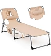 Goplus Tanning Chair, Folding Beach Lounge Chair with Face &amp;Arm Hole, 5-Position Adjustable,Remov...
