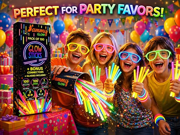 Text reads 'PERFECT FOR PARTY FAVORS!' in colorful letters. Four children wearing neon-colored glow-in-the-dark glasses and holding light-up noodles at festive party with balloons and glowing decorations.