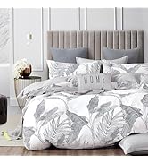 LEMIROE Botanical Cotton Comforter Queen Size - White Comforter with Delicate Black Leaves Patter...