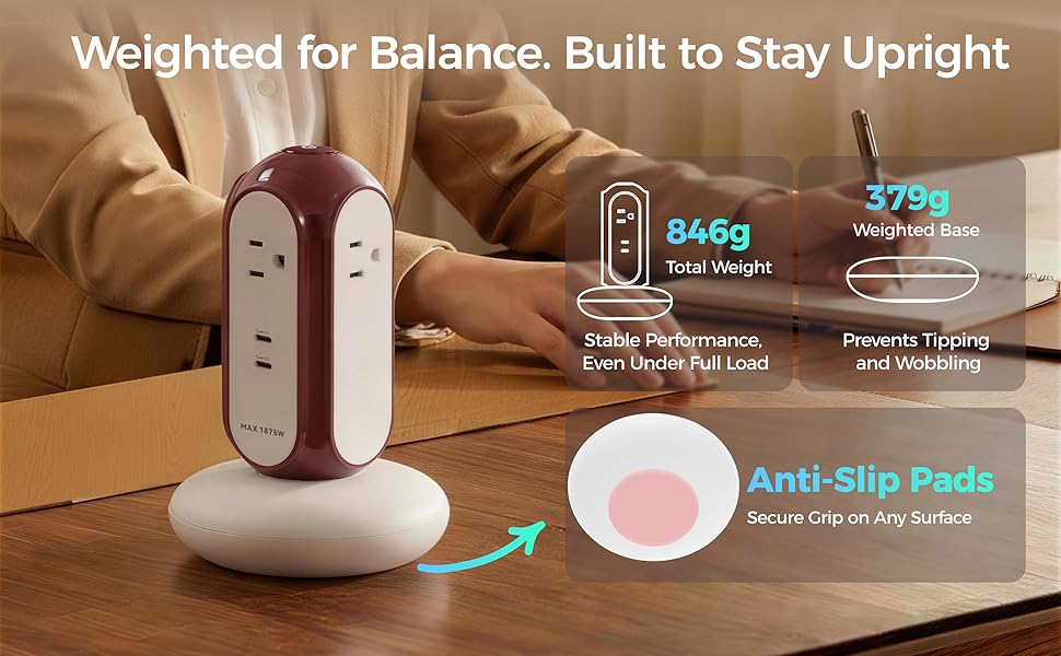 Weighted tower power strip with anti-slip base for stable desk use and multiple devices charging.