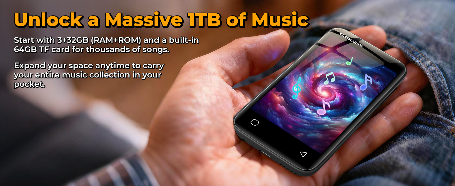 Hand holding a MP3 player with a colorful music galaxy graphic, highlighting 1TB storage support.