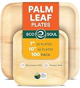 ECO SOUL 7&amp;10 Inch Disposable Palm Leaf Bundle Plates [100 Pack] Premium Food-Safe Heavy Duty Com...