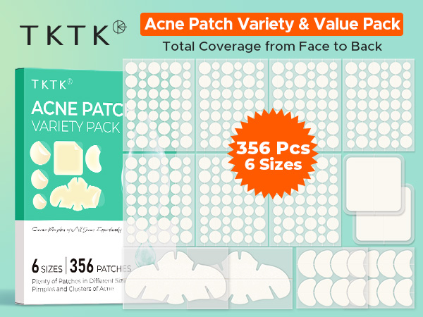 TKTK Acne Patch Variety Pack. Total Coverage for Face, Back, Chest &amp;amp; More. 356 Pcs, 6 Sizes!