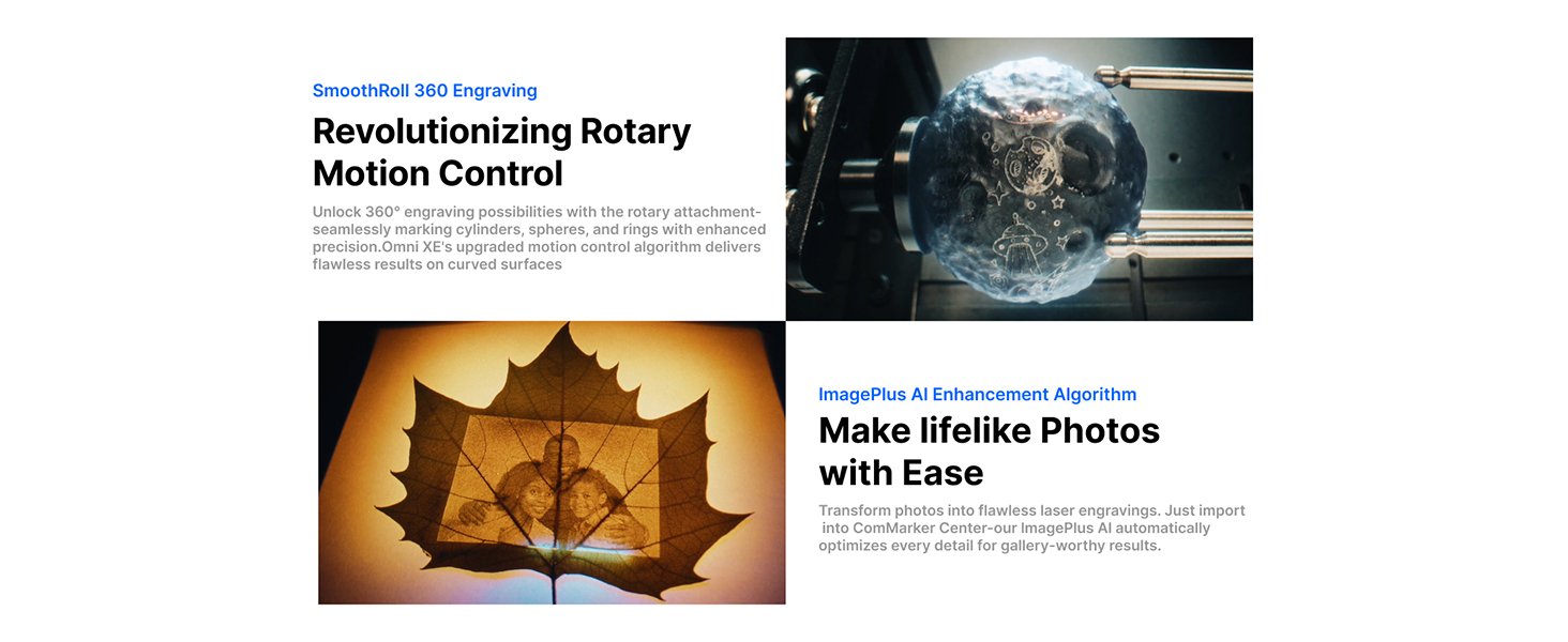 Product feature banner with text 'Revolutionizing Rotary Motion Control' and 'Make lifelike Photos with Ease'. Contains technical diagrams and photo examples.