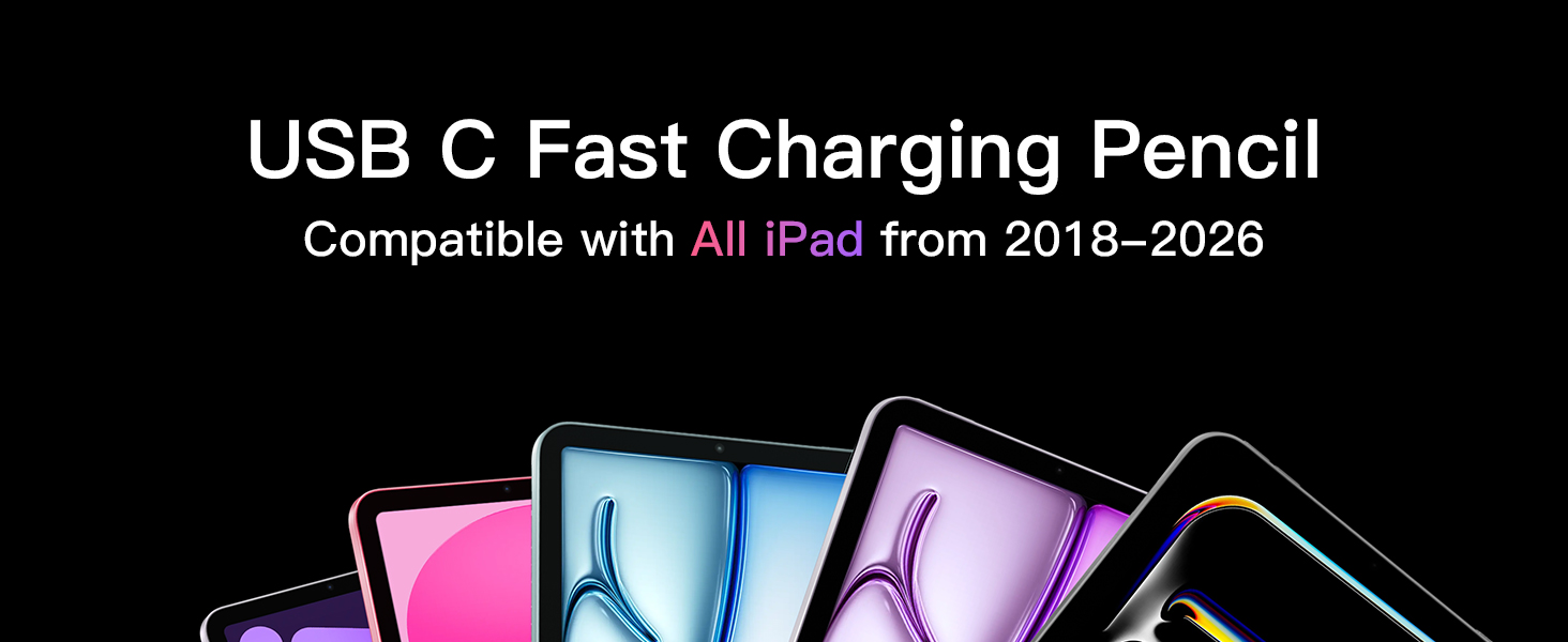 USB-C Fast Charging Pencil promotional image showing compatibility with iPads from 2018-2026
